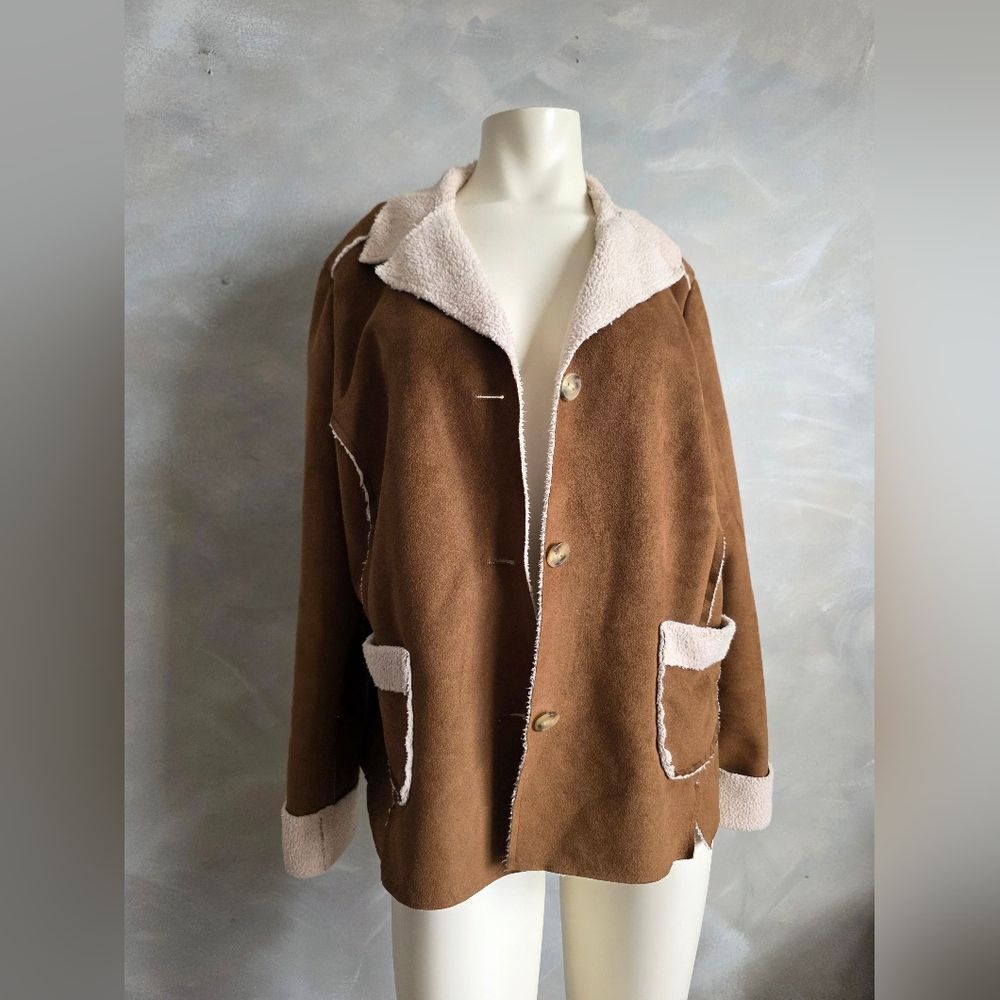 J Jill Jacket Faux Suede Shearling Button Jacket Parka Lightweight Sz XL Brown - Picture 1 of 12